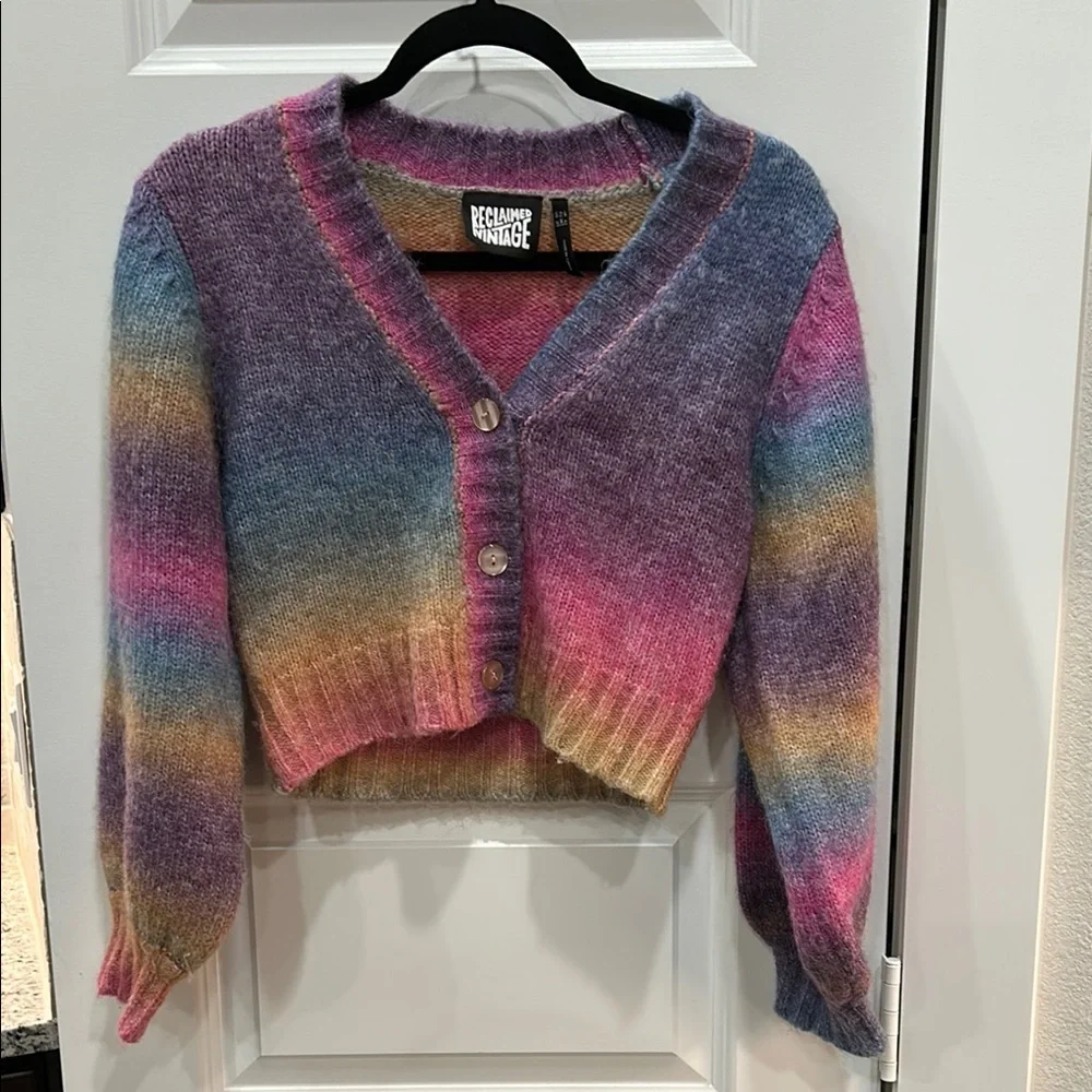 Reclaimed Vintage Purple and Pink Cropped Cardigan Sweater. SIZE S - Picture 3 of 6